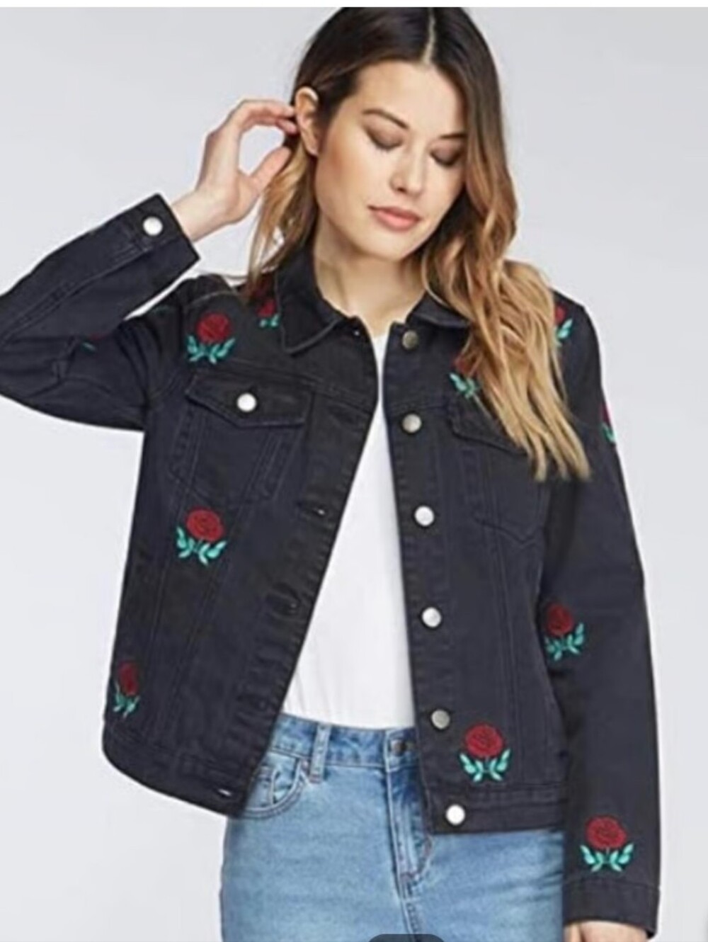 Velvet Heart Black Denim Jacket with Red Rose Embroidery